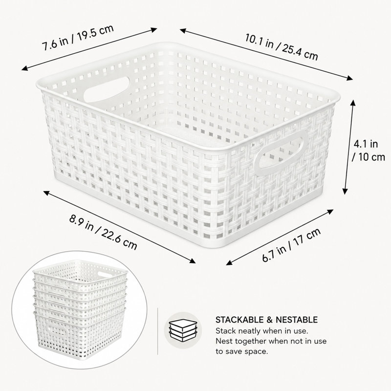 Ensemble de 6 paniers de rangement en plastique tissé blanc