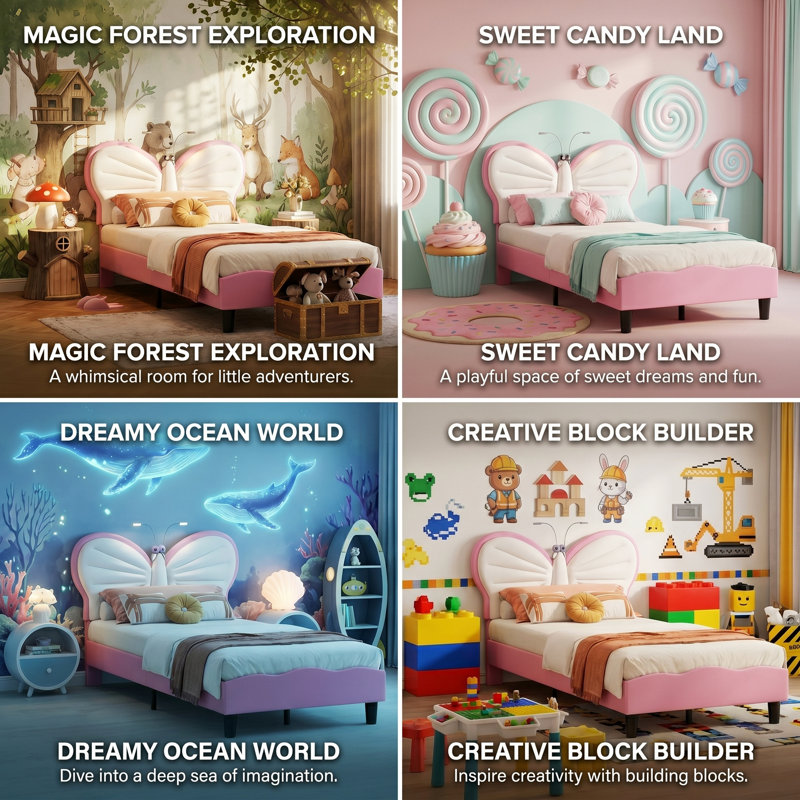 EU & UK Single Children's Butterfly Upholstered Bed with Reading Lights, Height-Adjustable Velvet & PU Headboard, Pink/Blue, 90x190/200cm