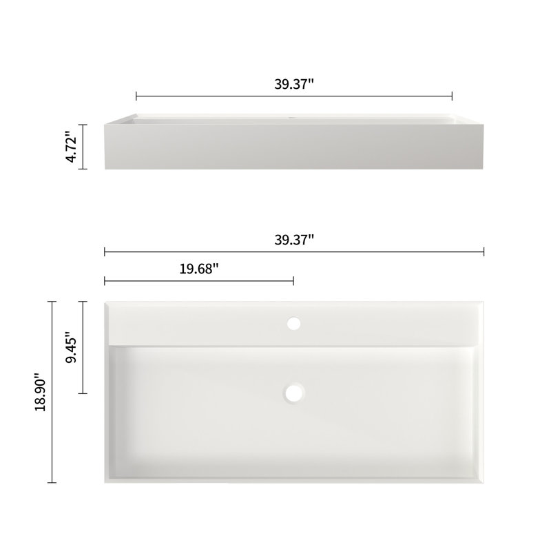 Lavabo de salle de bain en résine solide, blanc mat, hauteur 4,62 po, largeur 19,18 po, profondeur 39,53 po, 42,49 lb, adaptable à différents besoins spatiaux, teinté, mural ou sur comptoir