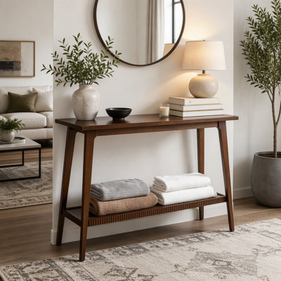 Console en bois massif, table d'entrée à deux niveaux, table d'appoint étroite et longue avec tablette de rangement, table de chevet pour salon ou hall d'entrée.