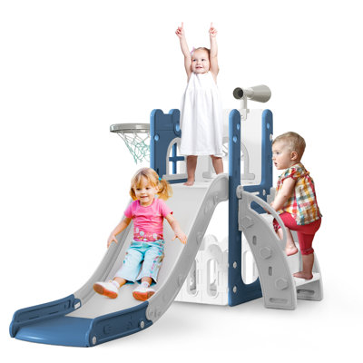 Glissoire 6 en 1 pour tout-petits de 1 à 3 ans, aire de jeux intérieure et extérieure avec panier de basketball, rangement et télescope, glissade en forme de L
