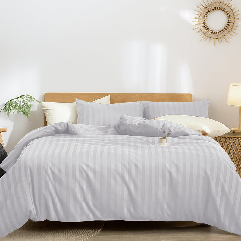 Microfiber Striped Duvet Cover Set with Matching Pillowcases & Fitted Sheet, White Striped