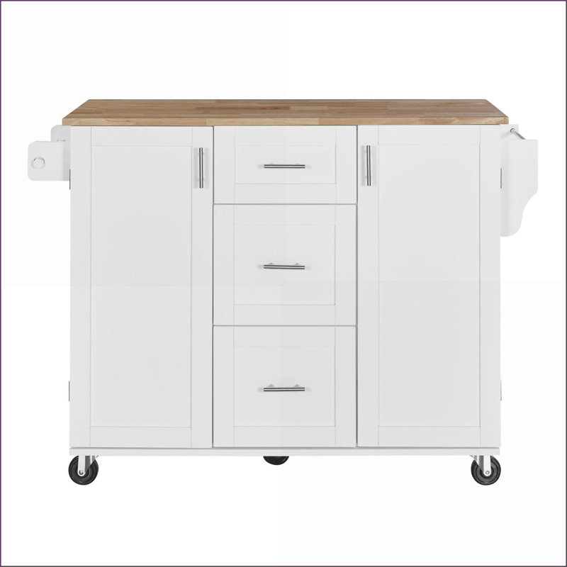 Chariot pour îlot de cuisine avec rangement, plateau en bois d'hévéa blanc, 3 tiroirs | Panneau de fibres à densité moyenne | Moyen (40 à 55 po)