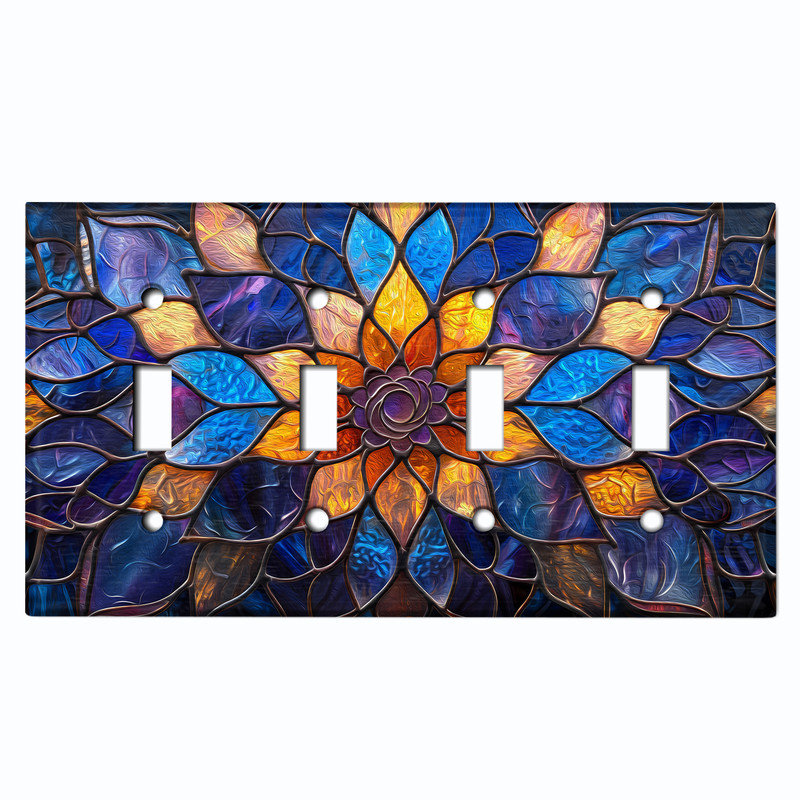 Plaque d'interrupteur en métal ; interrupteur à bascule 4 voies, taille standard américaine ; motif imprimé d'un mandala floral en vitrail.