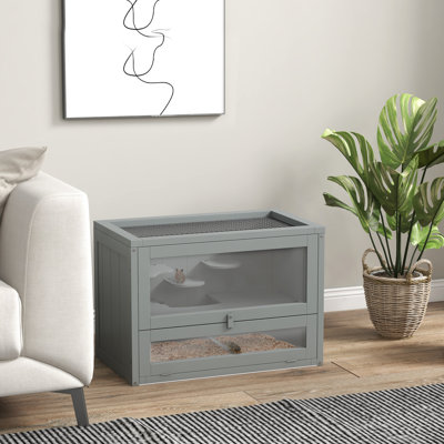 Habitat de hamster gris. Maison pour petits animaux à 2 niveaux avec toit ouvrant et porte d'entrée. Fabriqué en bois de sapin. Comprend une tablette, Idéal pour les hamsters, les souris, les chinchillas et les cochons d'Inde. Spacieux et ventilé.