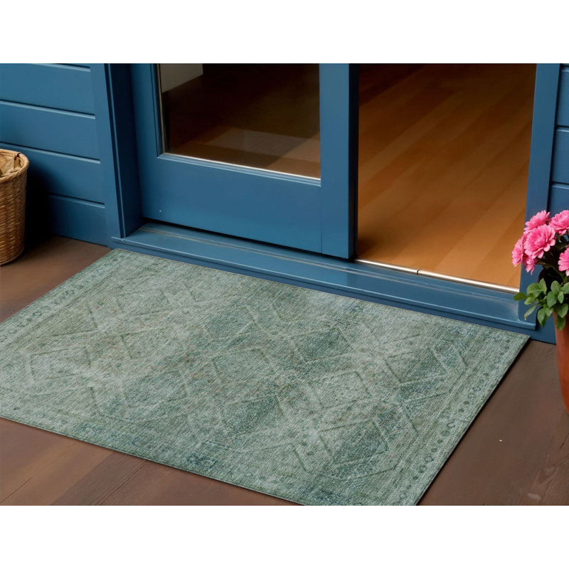 3' X 5' Teal Blue And Ivory Geometric Washable Indoor Outdoor Area Rug