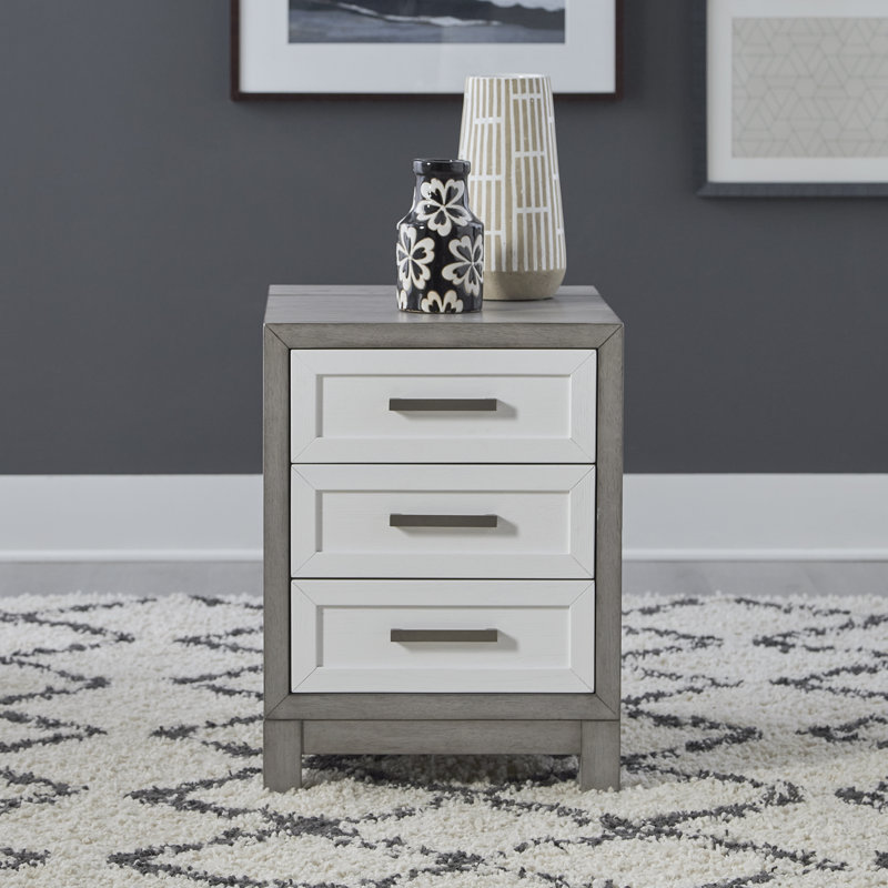 Gray and White 3-Drawer Wood and Metal Chairside Table