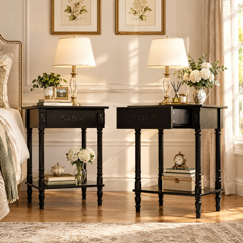 Table de chevet de 68,5 cm de hauteur avec 1 tiroir, une tablette ouverte et des pattes surélevées, Noir