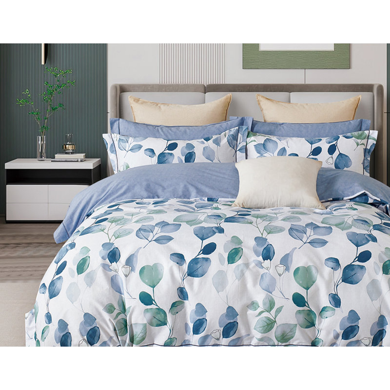 Ensemble d'édredon réversible 100% coton Elora Blue Canterbury Bells, Édredon grand et 2 taies décoratives