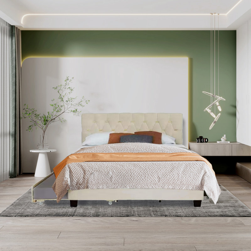 Upholstered Platform Storage Bed, Beige