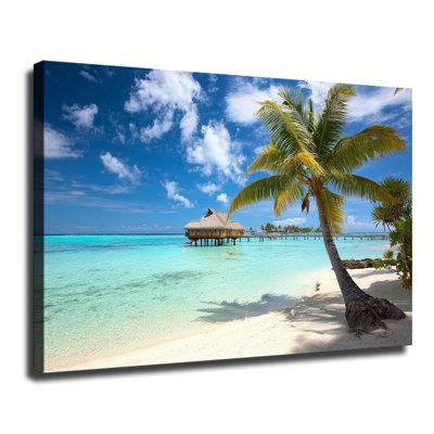 Bungalow tropical sur la plage tropicale avec palmier cocotier, grande reproduction d'art sur toile tendue pour salon