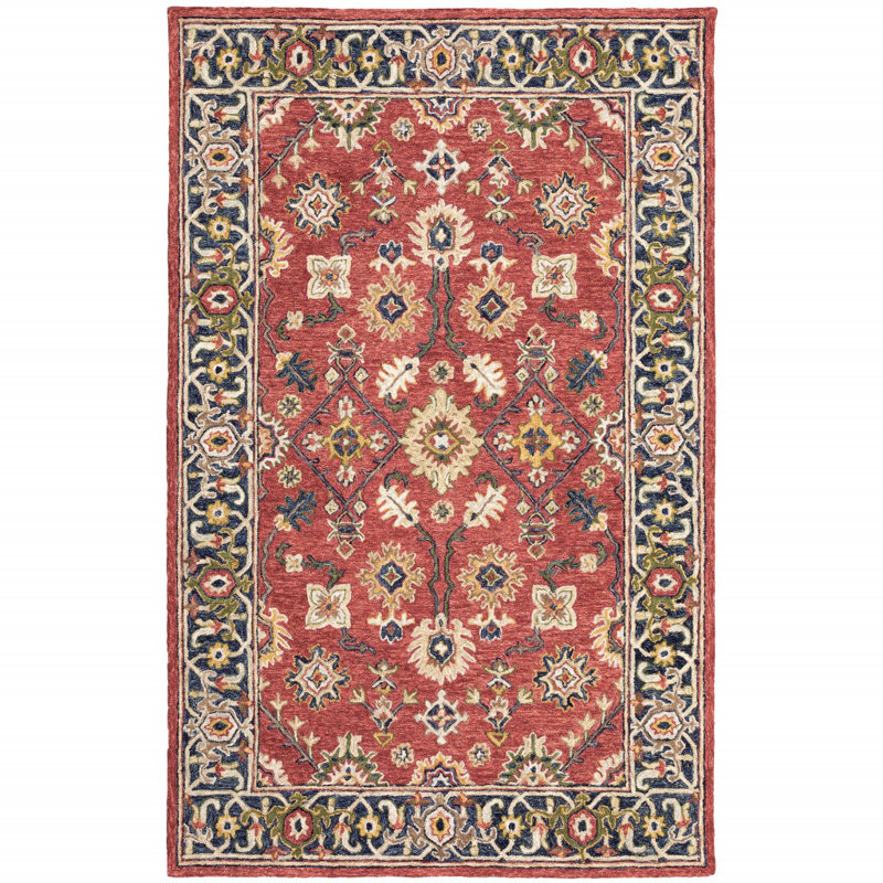 Red and Blue Floral Wool 5' x 8' Area Rug