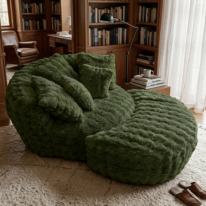 75" Oversized Faux Fur Barrel Chair with Crescent Ottoman and 5 Pillows, Green Polyester