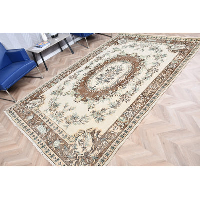 Grand tapis turc beige à motif médaillon de style rétro pour rehausser le style artistique de votre salon