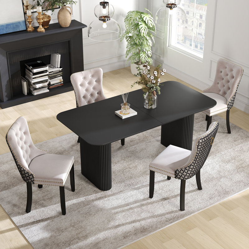 Ensemble de salle à manger rectangulaire à double piédestal avec table de salle à manger de style crème, 5, Beige