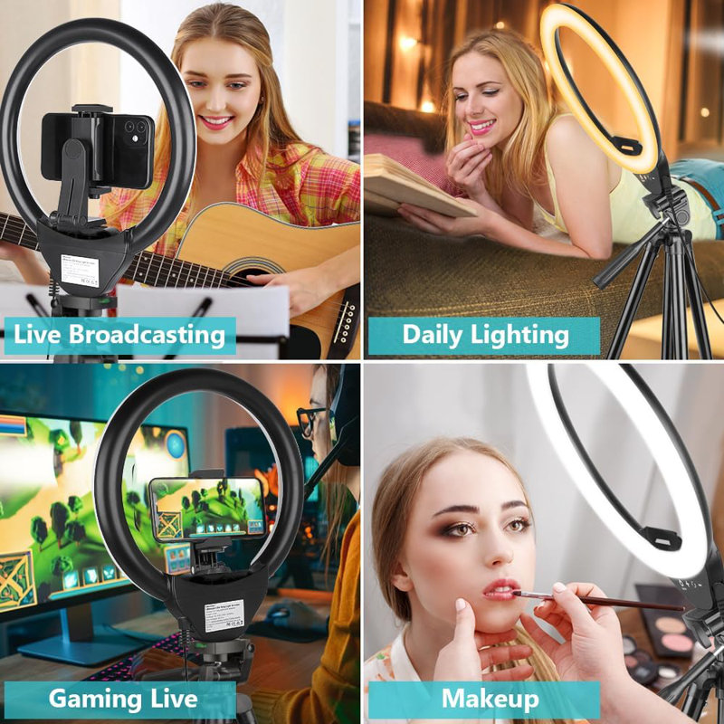 Anneau de 10 po avec trépied extensible de 50 po, lumière circulaire à DEL avec support de téléphone pour la diffusion en direct, le maquillage, les vidéos YouTube, Tiktok, compatible avec tous les téléphones intelligents