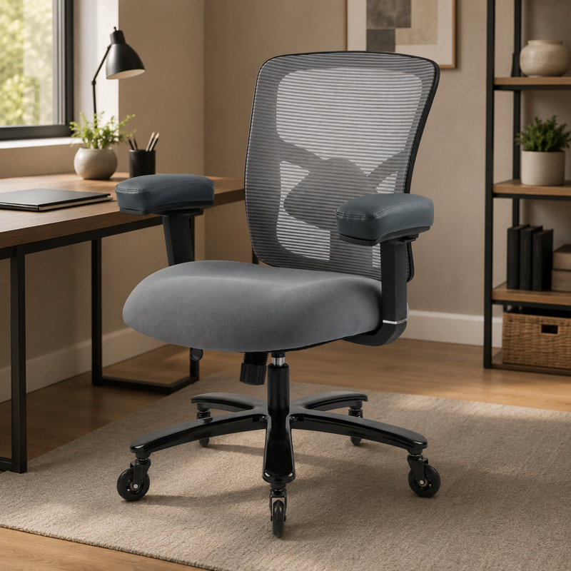 Fauteuil d'ordinateur large en filet avec capacité de charge de 500 lb, gris, avec accoudoirs 4D, support lombaire réglable, base en métal et roulettes silencieuses.
