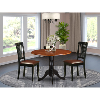 3 Piece Modern Dining Table Set Contains a Round Wooden Table with Dropleaf and 2 Faux Leather Kitchen Dining Chairs, Black & Cherry