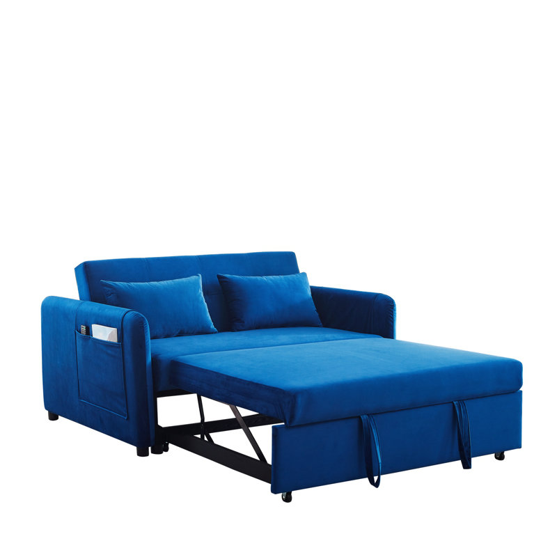 Convertible Sofa Bed, 3-In-1 Versatile Double Sofa With Pull Out Bed, Sleeper Sofa, Blue Velvet