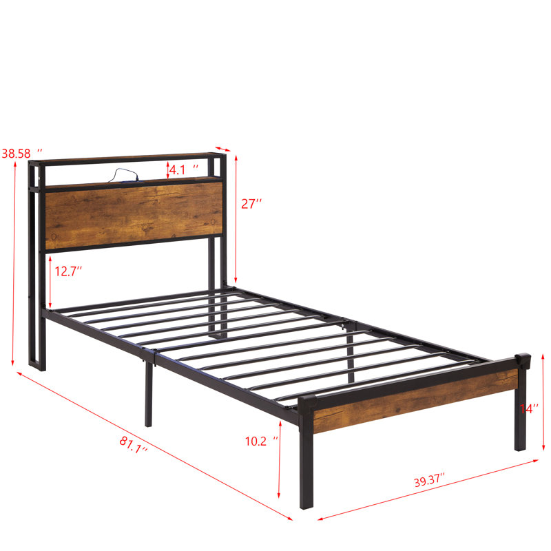 Lit plateforme simple en métal avec tête en bois et doublure, lumières à DEL, télécommande incluse, pas de sommier tapissier requis, option de rangement considérable, technique d'assemblage facile, expression de style moderne,