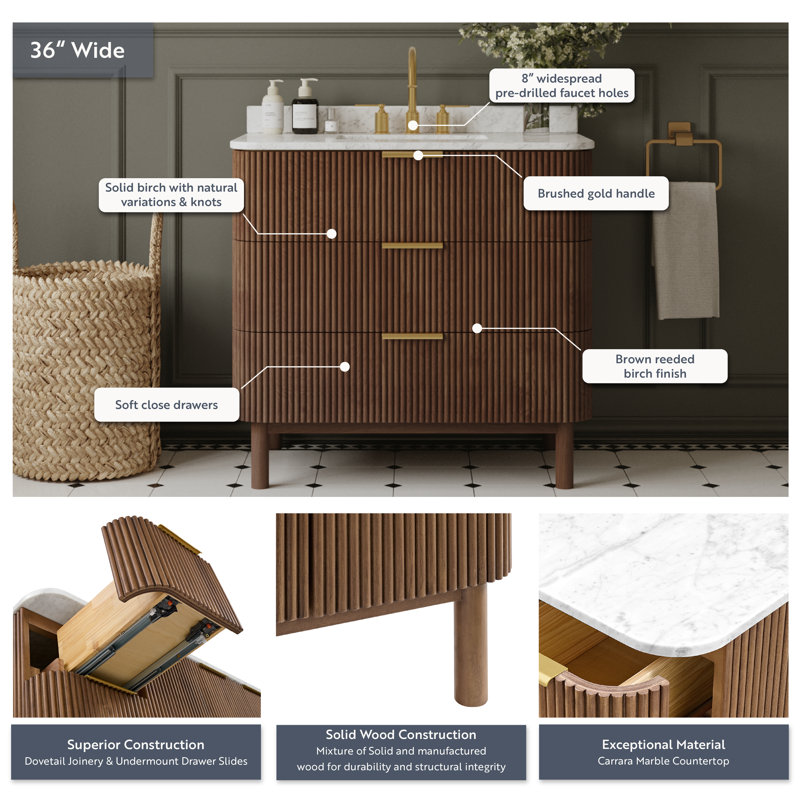 Kensington 36" Bathroom Vanity In Reeded Birch, Brown Reeded Birch