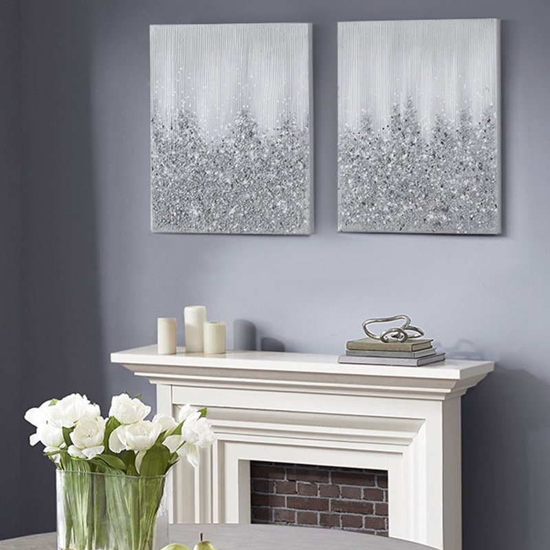 Art mural sur toile lourdement embelli, 2, abstrait avec des paillettes et des textures de roche, brossé à la main, l 22 po x H 28 po, intérieur et roche, fait à la main, 22 po x 28 po