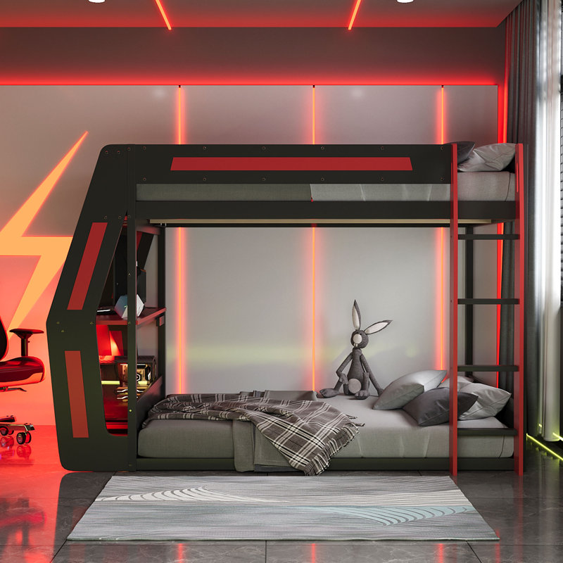 Adella Wooden Gaming Bunk Bed with Desk, RGB Lighting & USB Charging, Red