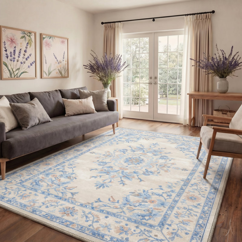 Vintage Floral Machine Washable Blue /Beige Indoor Area Rug With Non-Slip Backing, Rectangle 9' x 12'