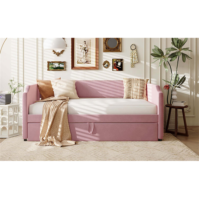 Twin Size Velvet Upholstered Daybed With Pop-Up Trundle, Perfect For Flexible And Cozy Sleeping Solutions In Small Spaces
