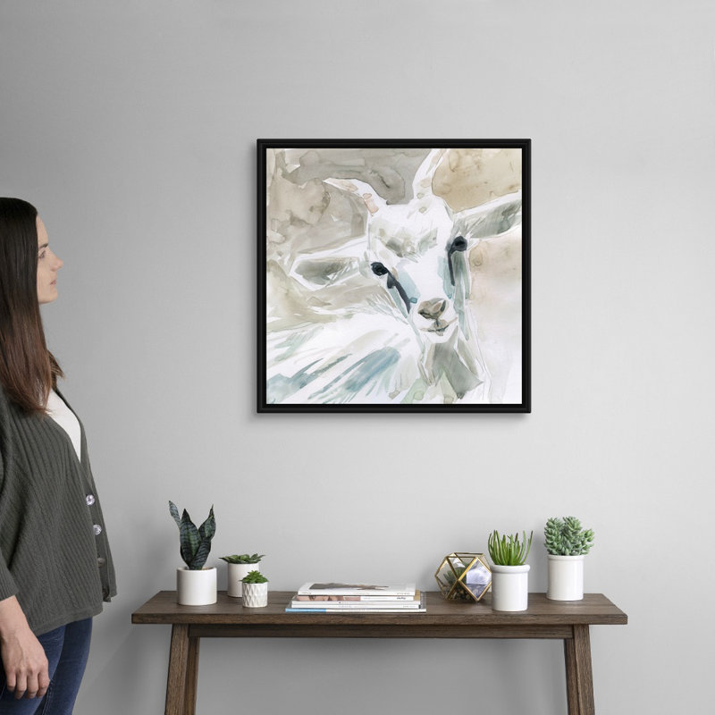 " Bill E. Goat " Watercolor and Acrylic Painting, 25.7" H x 25.7" W x 1.75" D, Black Floater Framed