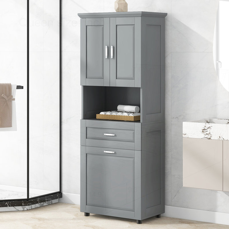 Grande armoire de salle de bain avec panier à linge, Gris