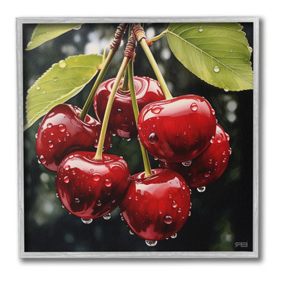 Cerises avec gouttelettes d'eau, estampe numérique encadrée par RB
