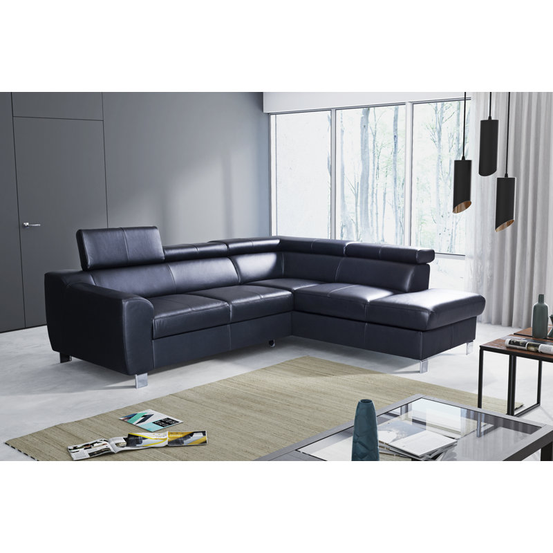 Aribel Faux Leather Corner Sofa with Sleeping Function and Storage Box with Adjustable Headrests , Black, Right Hand Facing