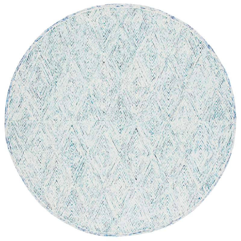 Tapis géométrique bleu / ivoire en laine touffetée à la main de la personne, Rond 7 pi
