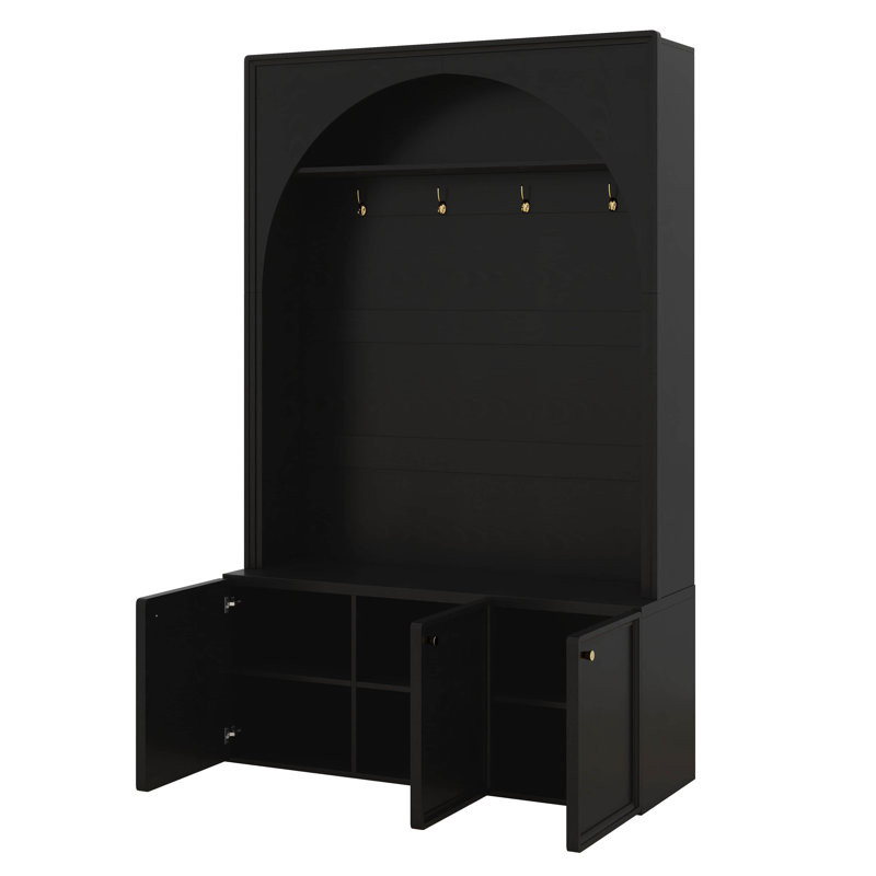 Hall Tree With Bench And 3 Cabinets,Entryway Coat Rack With 4 Hooks And Top Compartments, Retro Arched Entryway Hall Tree