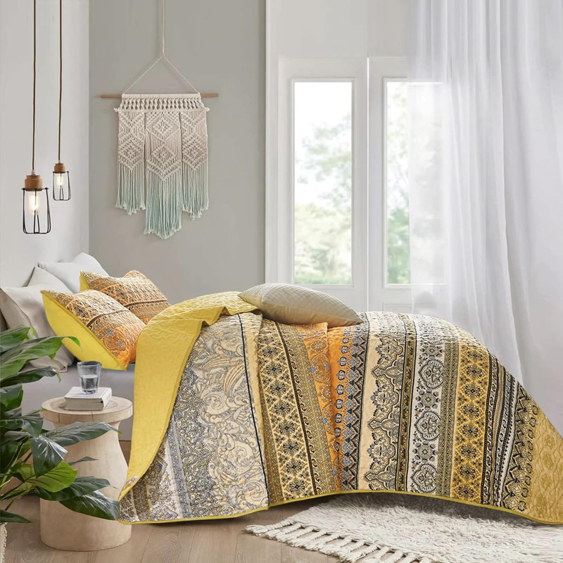 Ensemble de 3 courtepointe Boho Bohemian, Courtepointe pour lit grand + deux taies décorati, Jaune/orange