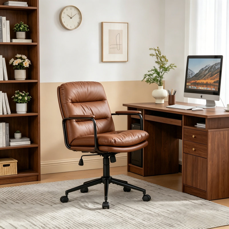 Office Chair Task Chair With Wheels And Armrests, Brown
