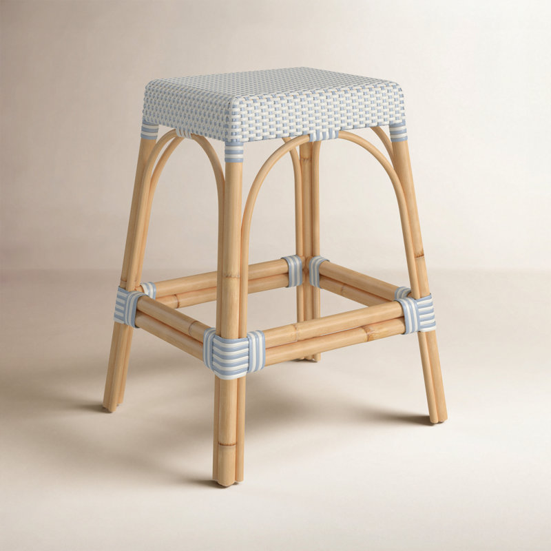 Lennart Counter/Bar Stool, White/Sky Blue Dot / Natural Rattan Frame, Counter Stool (24.5" Seat Height)