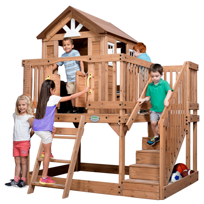 Scenic Heights Cedar Wooden Playhouse with Upper Deck and Stairs