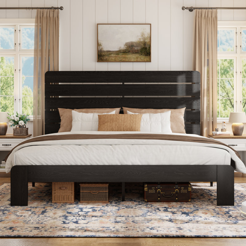 Wooden Bed Frame with Headboard, King, Black