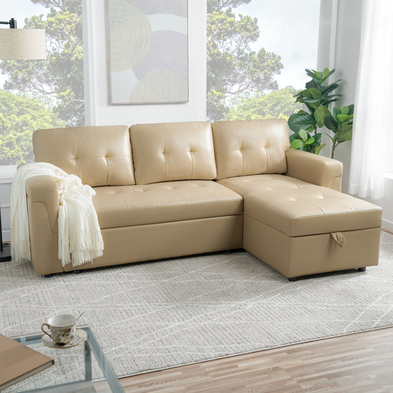 Fane 84" Reversible L-Shaped Sectional Sleeper Sofa Bed, 3 Seater Leather Pull-Out Couch with Storage Chaise, Convertible Sofa for Living Room, Comfort and Extra Space