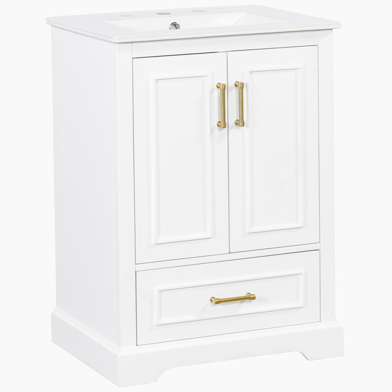 Meuble-lavabo 24 po avec lavabo, armoire en panneau de fibres à densité moyenne avec cadre en bois massif, 1 tiroir divisé et 2 portes à fermeture douce avec double tablette sur la porte, meuble-lavabo autoportant