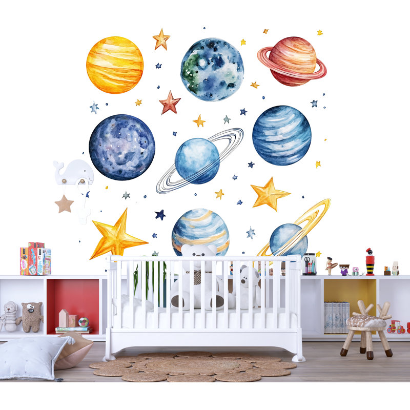 Adhésif décoratif planète aquarelle - art mural chambre d'enfant système solaire, 039Mv, H 10 po x l 10 po