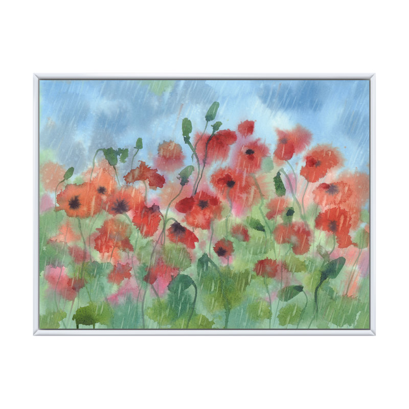 Coquelicots sous la pluie II - reproduction sur toile, H 30 po x l 40 po x P 1,5 po, Cadre flottant blanc