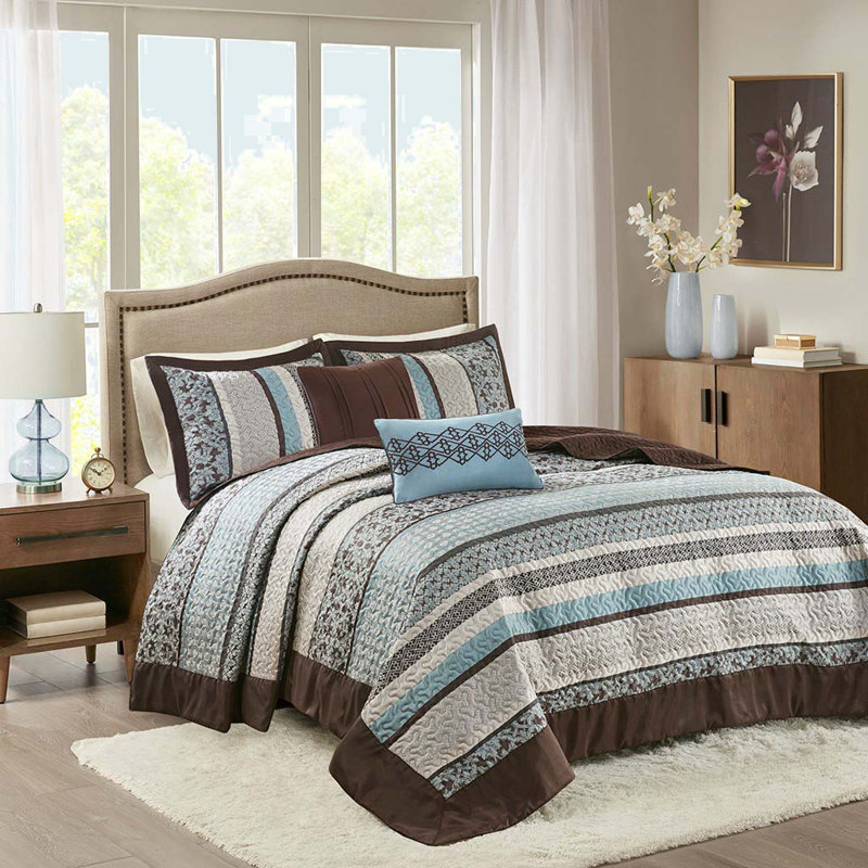 Ensemble 5 pièces jacquard avec coussins décoratifs bleu, Courtepointe très grand + 2 taies décoratives st