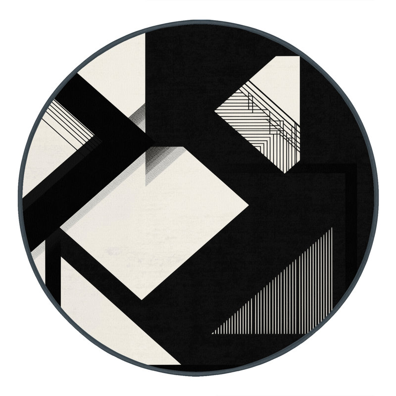 Tapis à motif géométrique doux et moelleux à motif géométrique moderne bleu et noir, Rond 5 pi