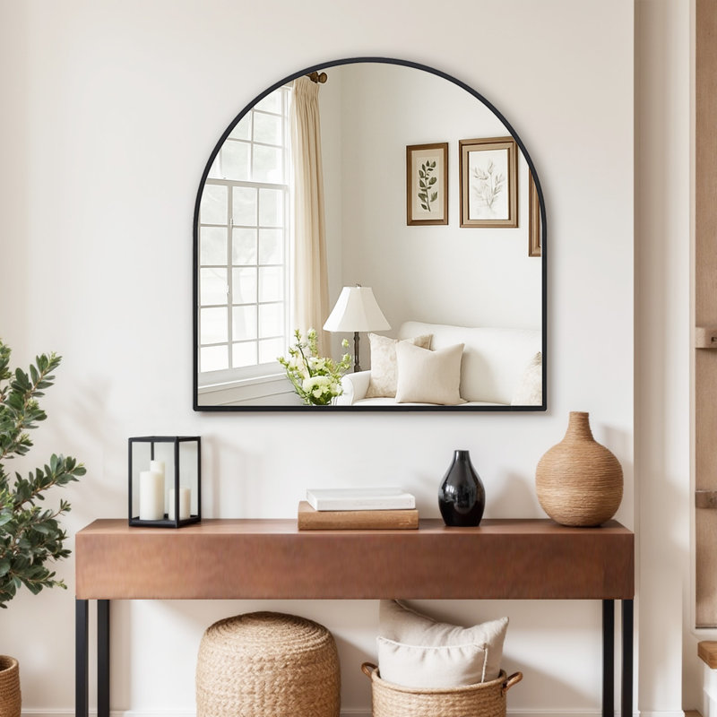 Black Metal Framed Arched Wall Mirror Bathroom/Vanity Mirror, 36" H x 36" W