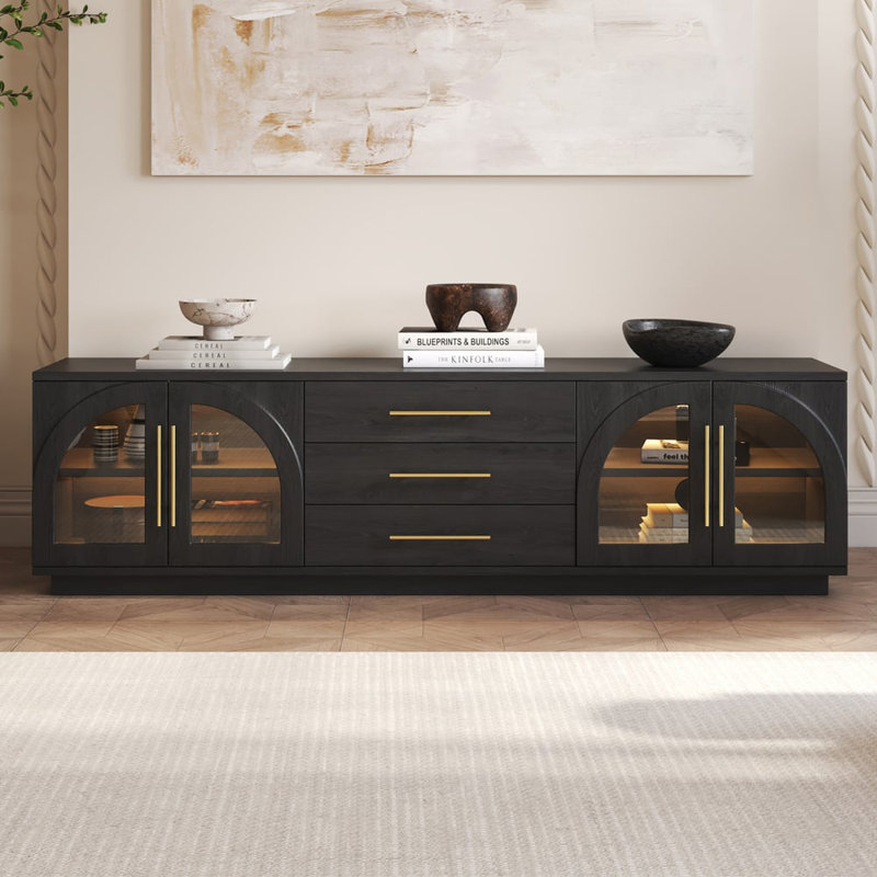 Arune 72" Arched Glass Doors TV Stand With Storage And LED, Black