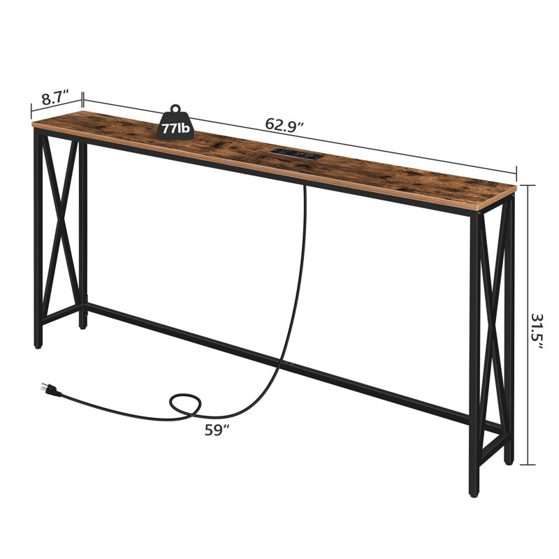 Marushka Console Table with Power Outlet, Rustic Brown, 31.5" H x 63" W x 8.7" D