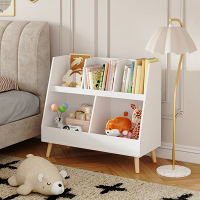 Organisateur de bibliothèque et de jouets pour enfants, bibliothèque ouverte en bois à 5 casiers, organisateur de rangement pour bébé à 2 niveaux avec pieds, autoportant pour salle de jeu, chambre à coucher, chambre de bébé, salle de classe